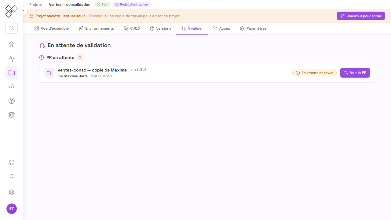 La pull request sur le projet société