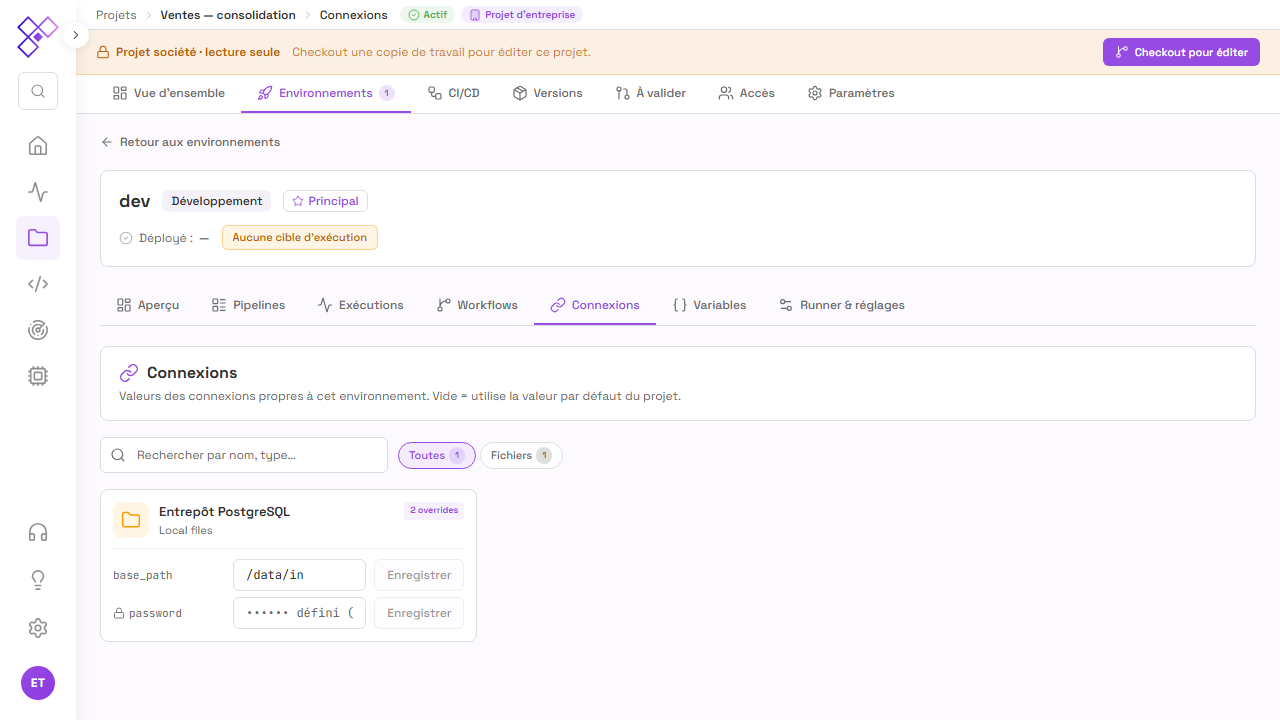 Les valeurs de connexions par environnement